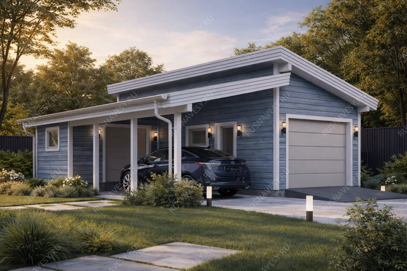 Гараж односкатный с навесом Бастион фото 1